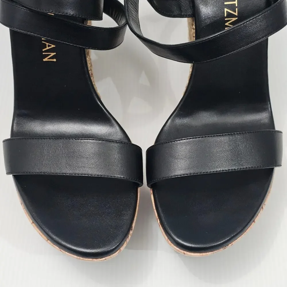 Stuart Weitzman 5050 Espadrille Wedge Platform Sandal 11 Black Leather Cork - Picture 5 of 14